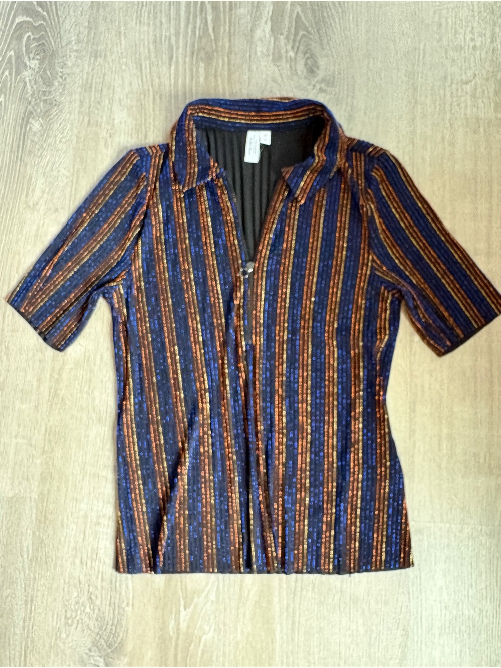 & Other Stories Short-Sleeve Shimmer Stripe Shirt with zip up collar, XS- EUC